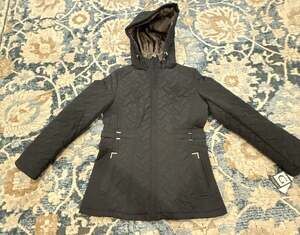 Gallery Quilted Jacket with Removable Hood Black New